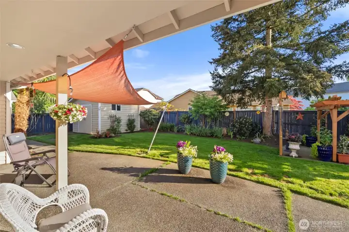 covered awning on part of patio looking onto lush yard