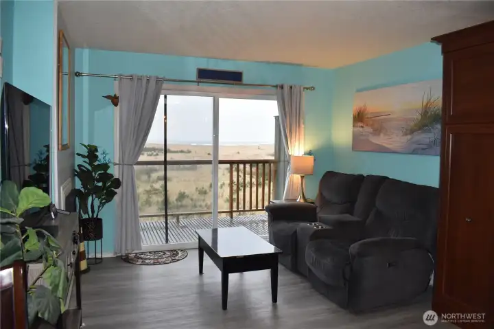 Great Room with hide-a-bed, fireplace, and incredible ocean views.