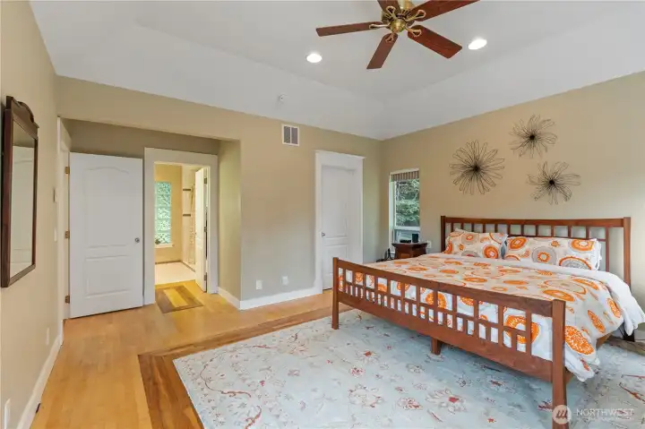 Primary suite with large walk-in closet with custom closet organizer & big bathroom
