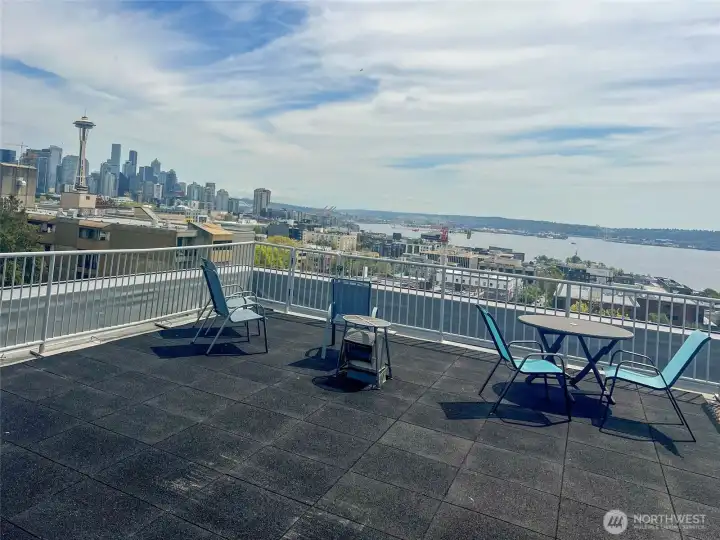 Enjoy incredible panoramic views of the Seattle skyline, Elliott Bay, the Puget Sound, and Olympic Mountains from the roof top deck. Watch ferries, freight & cruise ships, and on New Year's Eve a great view for the fireworks!