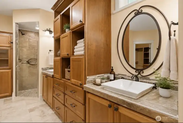 Primary bathroom. Virtually staged.