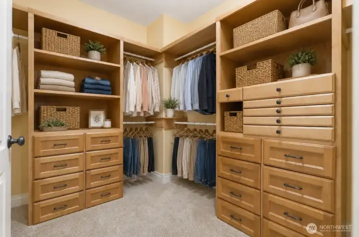 Primary closet. Virtually staged.