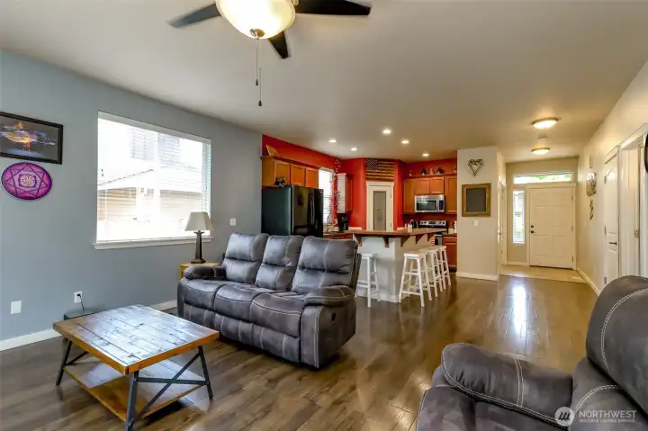 Living room looking into kitchen