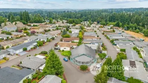 Aerial view of the clubhouse and the surrounding homes.