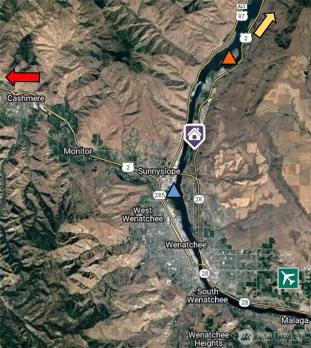 Vicinity Map so you can see this offering is right in the middle of all the greater Wenatchee area and all it offers for great living, world class agriculture and famous 4 seasons recreation.  Red arrow points towards Leavenworth, Yellow arrow points toward ever popular Lake Chelan.  Pangborn Field with full Alaska Airlines service to Seattle and other key points.  Red triangle is Lincoln Rock State Parkland Blue Triangle is Confluence Park