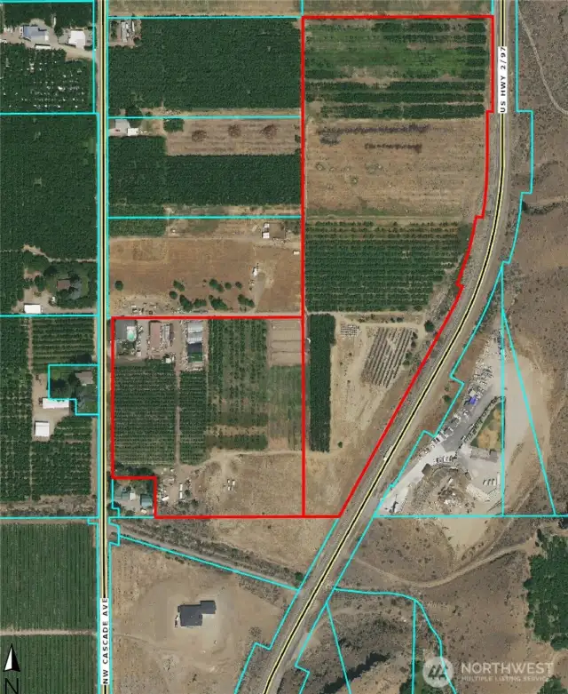 here is the actual title parcel map showing two parcels covering 26.67 acres of AC5 zoned lands.  Currently several acres of fancy cherries and open space for replant or new,  County does allow clustering math and some home sites can be created to improve agri-investment.  Sale includes cherry orchard, ranch house and all outbuildings.   Columbia River water shares abound and city water is at the street!!