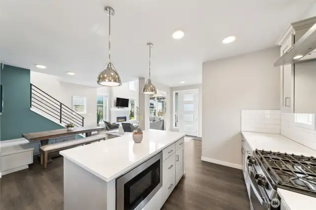 View of the dining and great room from the kitchen.