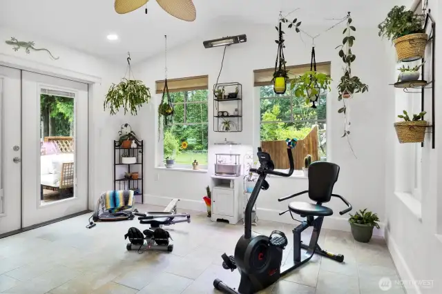 Sunroom with shower. French doors go to hot tub.