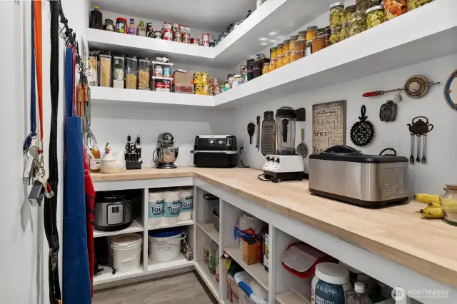 Large pantry with attic stairs going to storage area