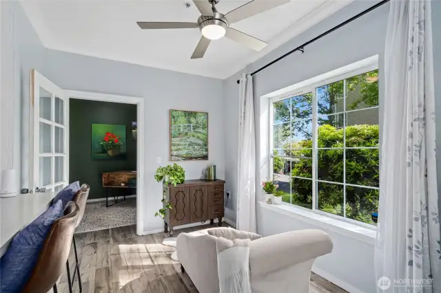 Dining space with ceiling fan