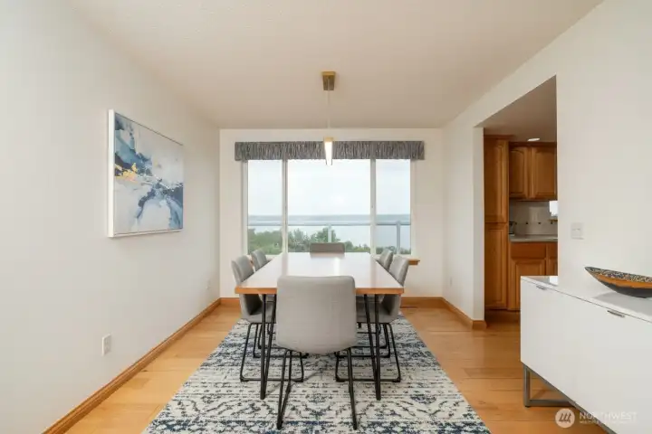 virtually staged dining room with amazing views