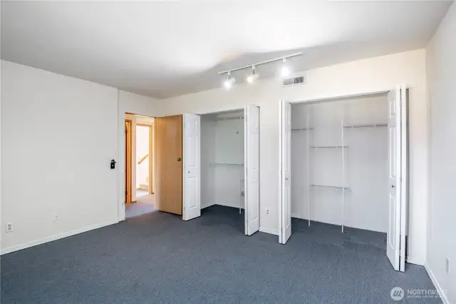 Dual closets in the downstairs bedroom