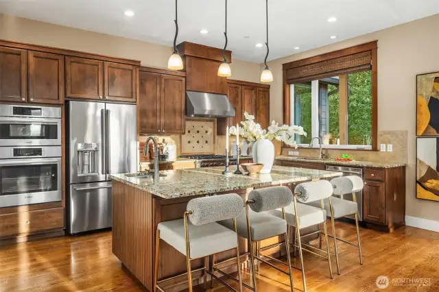 Sun drenched kitchen is a Chef's delight with high end appliances and large walk in pantry.