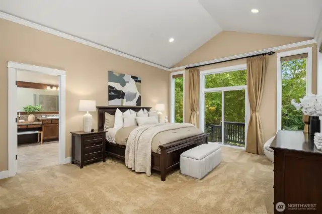 Main level Primary Suite with its own private deck and access to hot tub.
