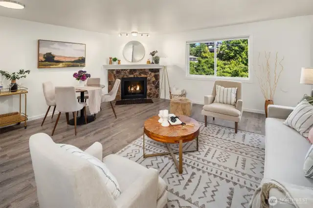 Wood burning fireplace adds warmth and ambiance.