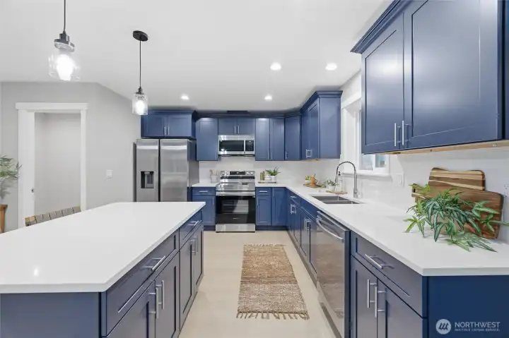 Navy blue cabinets.