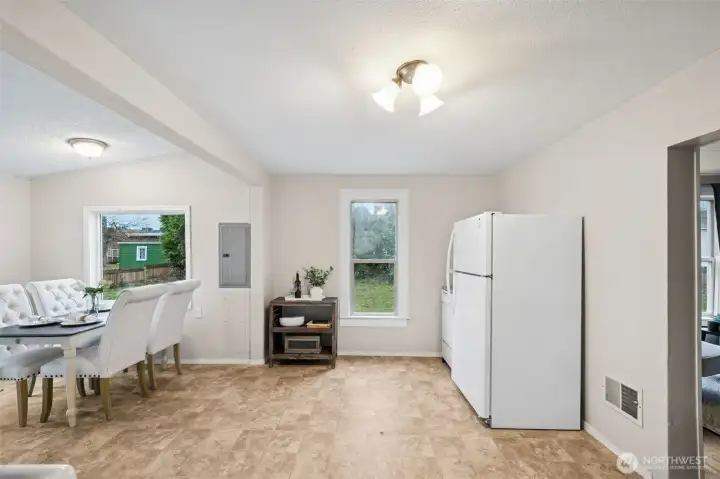 Large kitchen open to dining area