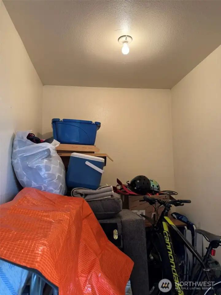 Oversized storage closet off the balcony with light.