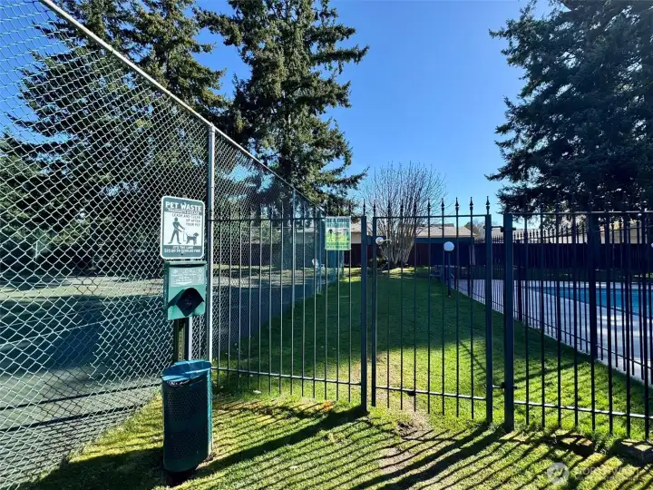 Large, fenced dog run.