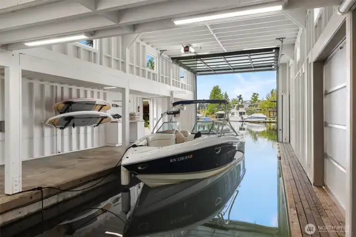 Doors open and you’re gone—protected moorage with immediate access to the canal. No trailering, no delay—just step in and go.