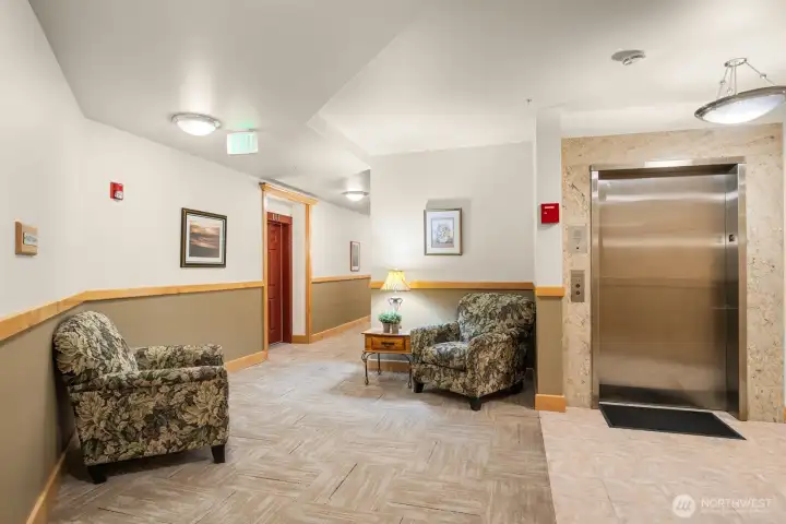 Entry, This unit is to the right of the elevator and on the right hand side of the hallway.