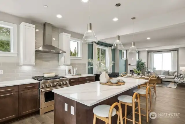 Ample seating in the large kitchen island.