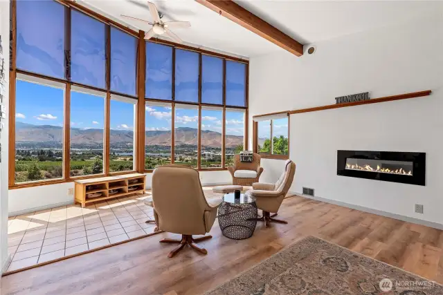 Mountain view from living room with electric fireplace