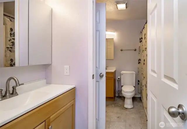 Primary bedroom half bath looking to main bath.