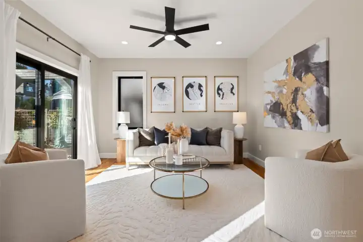 Enter on main level; family room/media room with sliders out to the courtyard