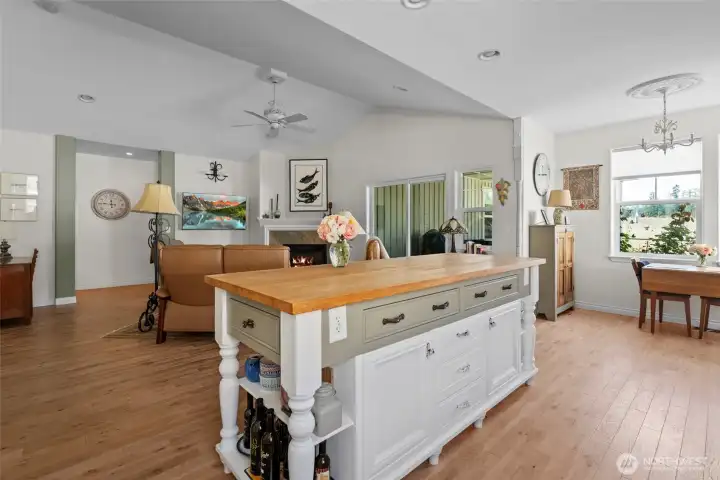 Looking into the family room from the kitchen.