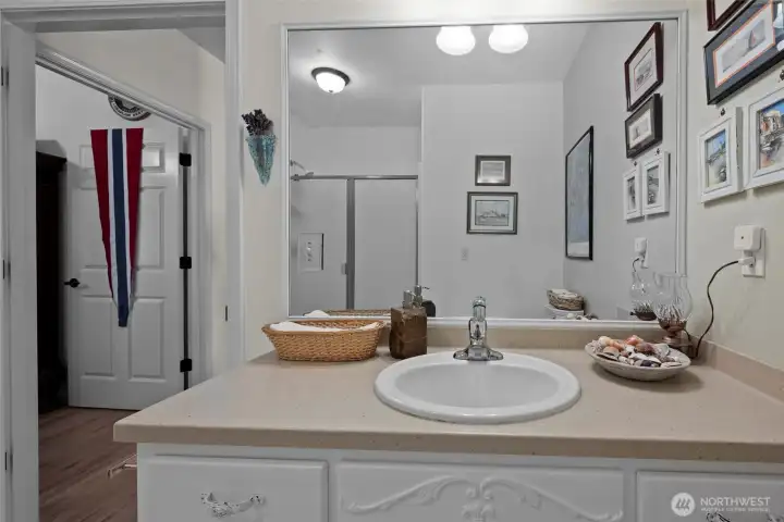 This is the guest bathroom.  In the reflection is the walk in shower.  The door with the sash leads to the first bedroom.