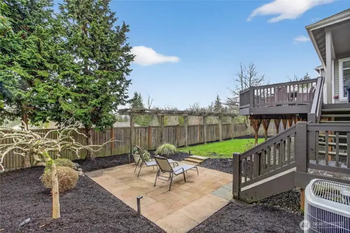 Large, level yard w/ lush green lawn & patio space.