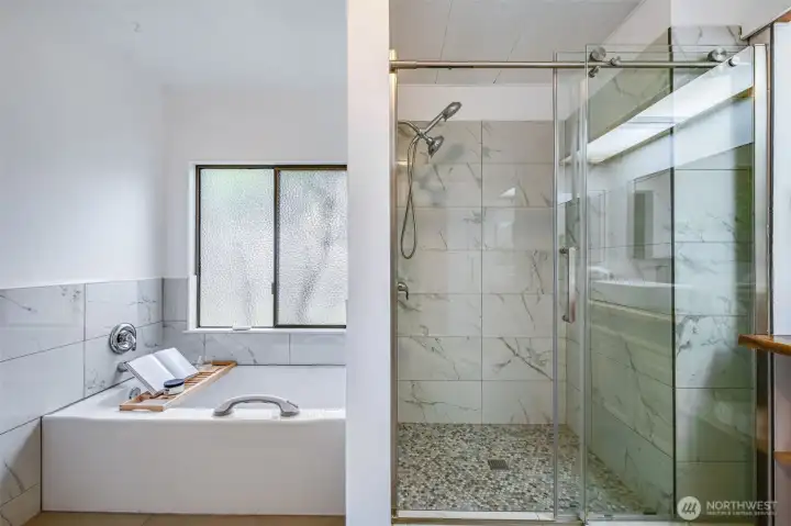 Soak in the tub for a long time or hop in the great shower when you need to get ready quickly.