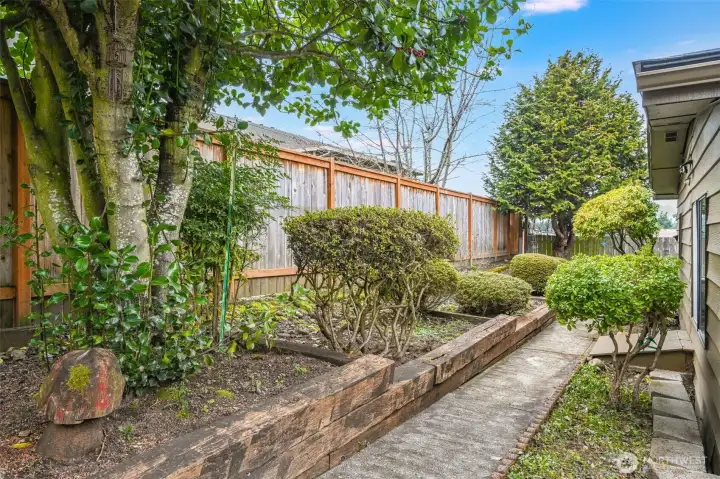 The back yard is organized and have room for adding spring colors.