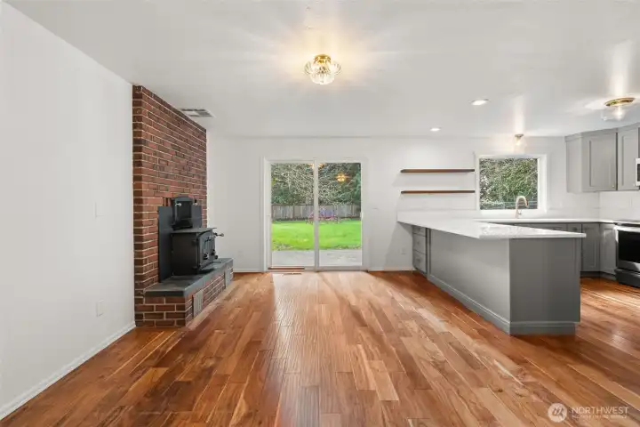 Walk in to an open concept eat in kitchen