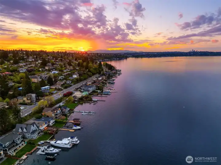 Welcome to Lake Washington lifestyle. Wake up to the gentle sound of the water ebb & flow & sunrise over Mercer Island and Bellevue shorelines.