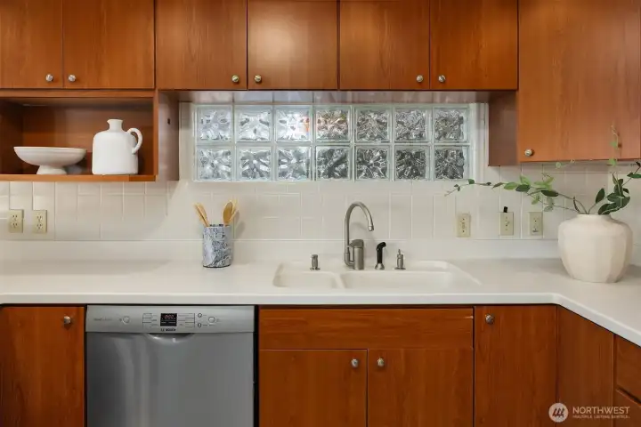 The glass blocks let natural light in.