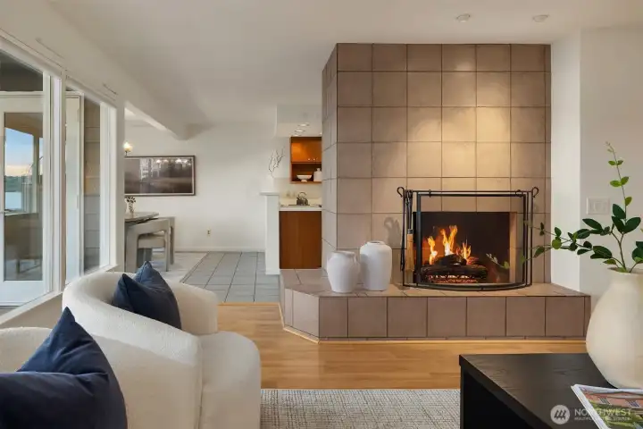 Going back into the living room towards the gas fireplace.