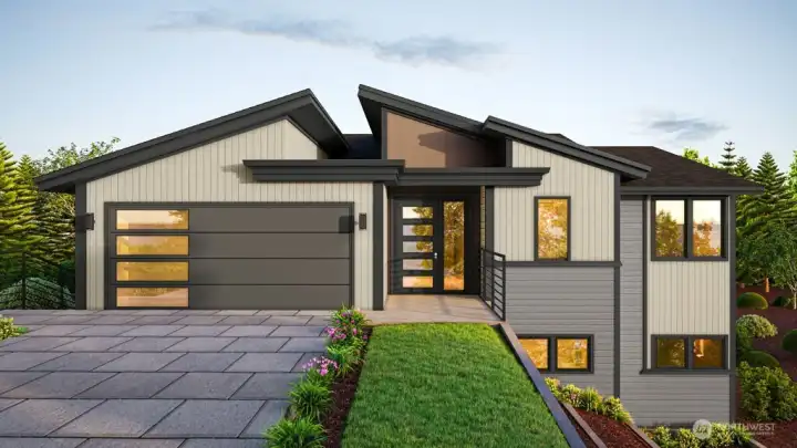 Front rendering of home as permitted - Main level great room, primary and den Front rendering of home as permitted - Main level great room, primary and den