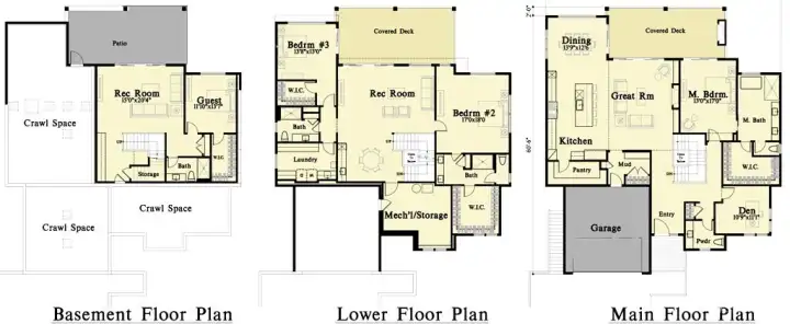 Floorplan of home layout as permitted - Main level living with two lower levels of bonus, bedrooms and decks Floorplan of home layout as permitted - Main level living with two lower levels of bonus, bedrooms and decks