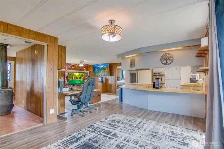 Open concept with eating bar