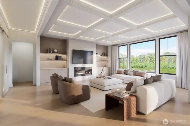 Great room with coffered ceilings.