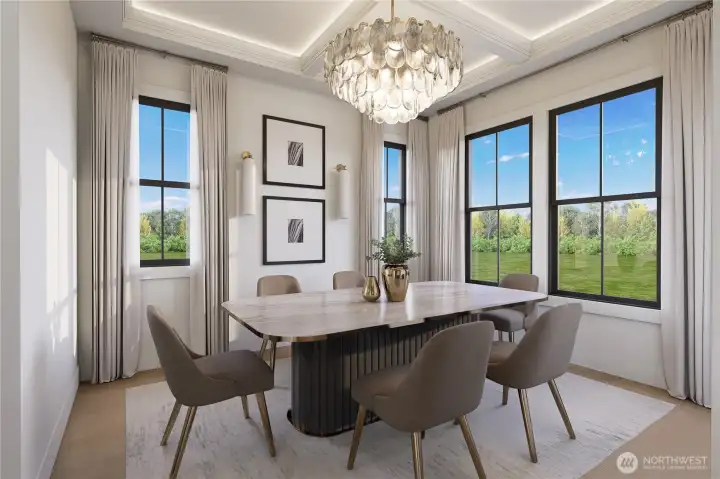 Rendering of dining room with coffered ceiling.