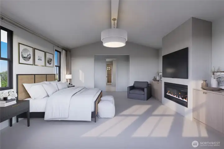 Rendering of Primary bedroom with fireplace.