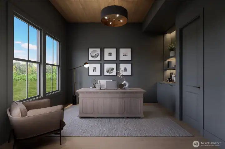 Rendering of den with built in cabinet and shelves.