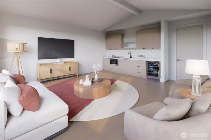 Rendering of bonus room with kitchenette- built in wet bar, microwave and beverage refrigerator and cabinets.