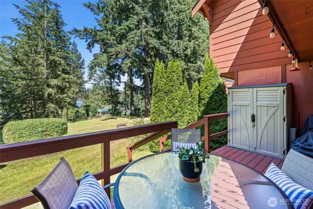 The deck has room for a table, bbq, and storage unit.