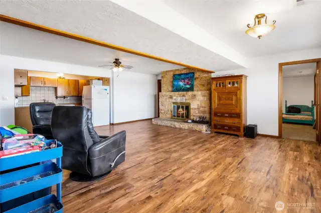 Lower floor living room has abundant space for gatherings and playtime. With the extra full kitchen and three more bedrooms, you could comfortably have this set up for tenants or additional members of your family.  Easy-care vinyl flooring is perfect for this living room.