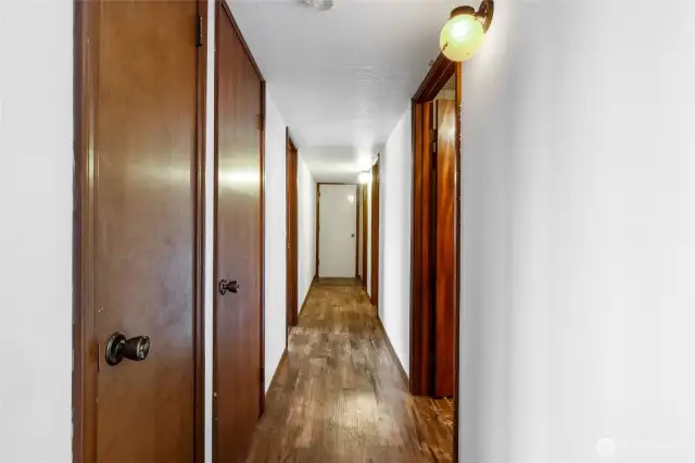 This hallway on the lower level leads to the 5th bathroom of the whole house, a large storage room, the walk-in pantry, and do you see that door at the end of the hallway? That's the lower level garage which will fit a small car or a couple of motorcycles. You can also use it as a storage room.