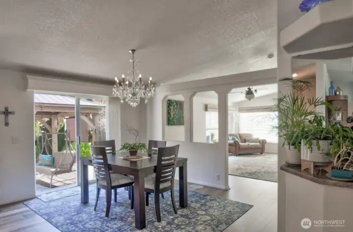 Dining room has easy access to kitchen and outdoor pagoda.